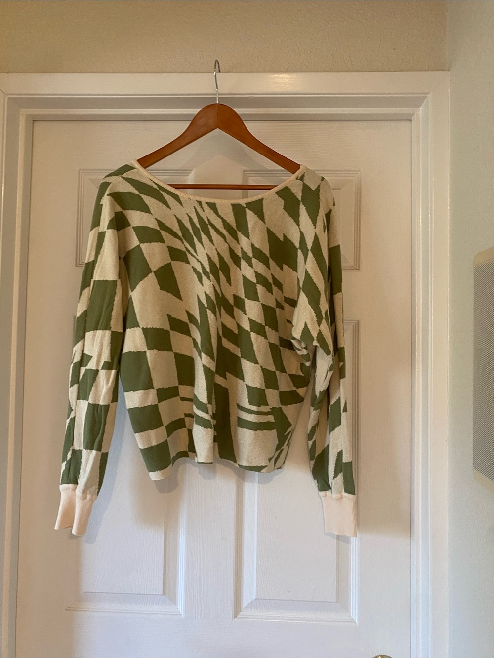 Olive Green and Cream Geometric Knit Sweater